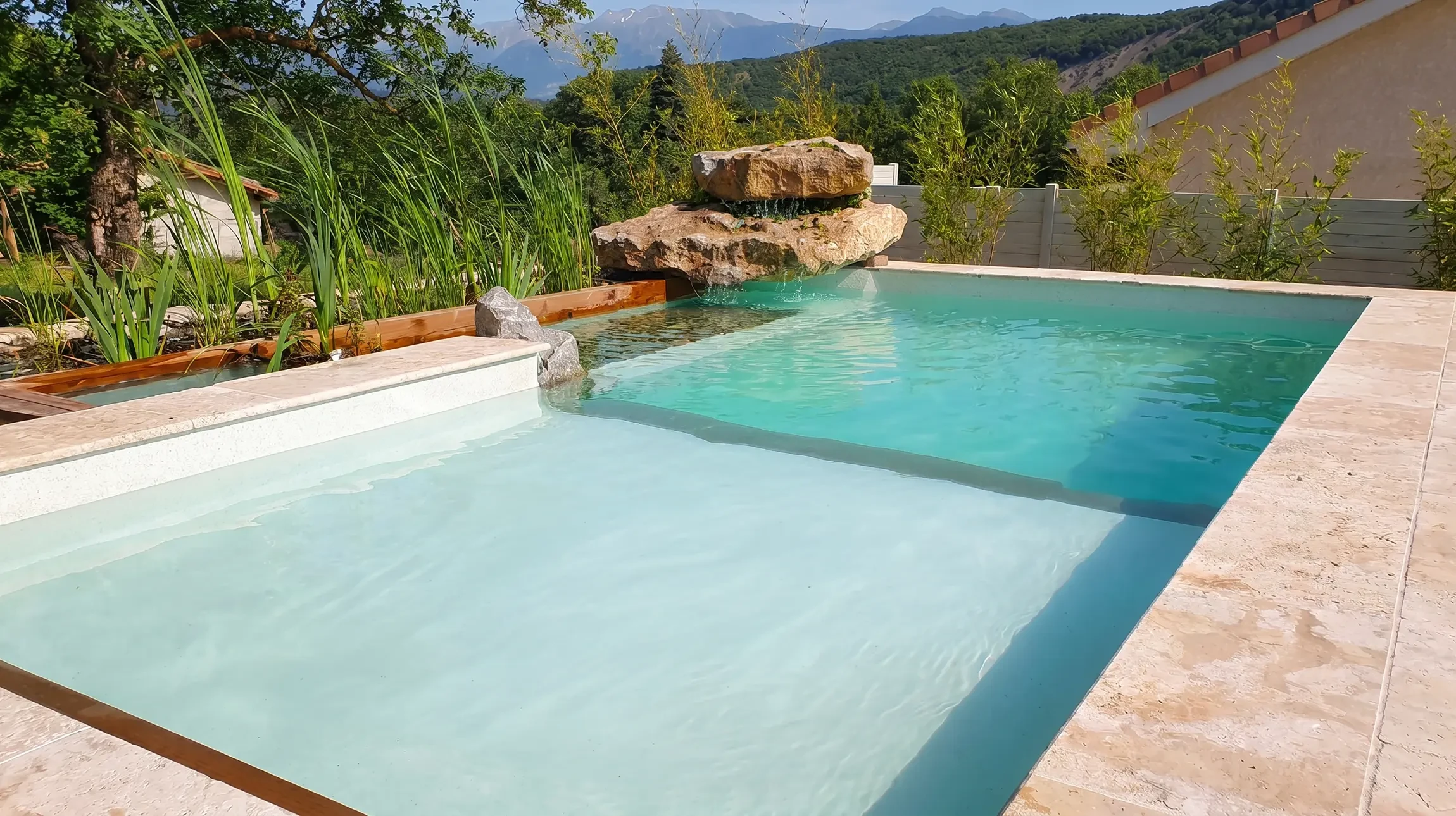 Aménagement extérieur de piscine avec margelles en béton gris disposées autour du bassin carrelé de mosaïques turquoise