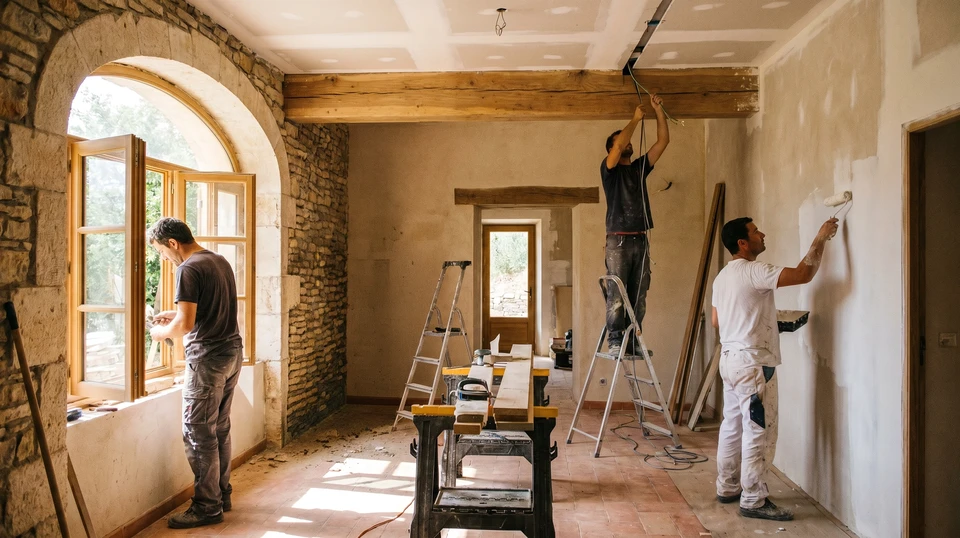 un ouvrier en maçonnerie fait un mur de béton par bloc de ciment et un plâtre sur le chantier
